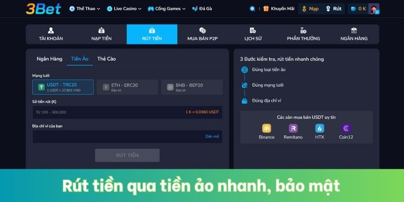 Rút tiền qua tiền ảo nhanh, bảo mật